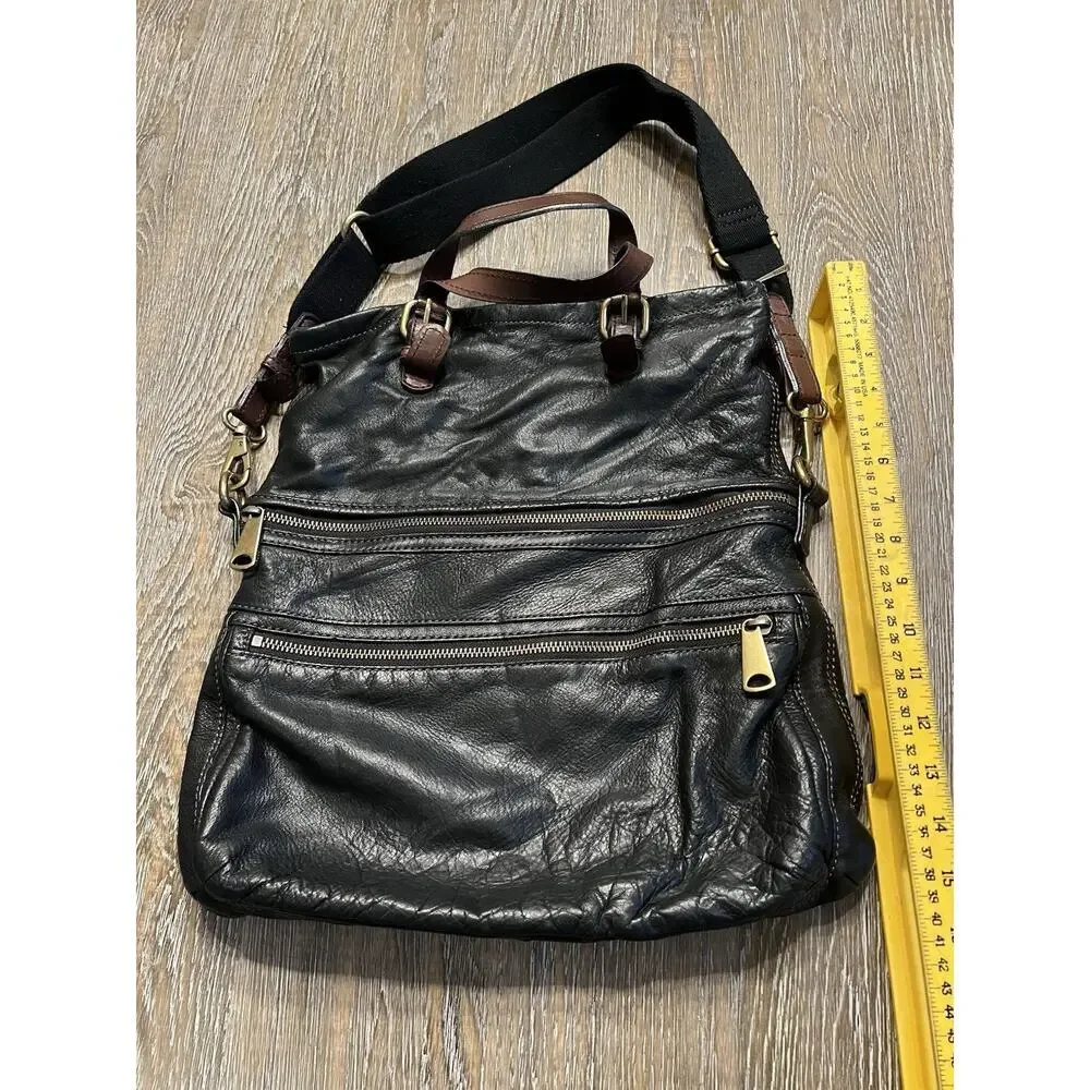 Vintage Fossil Explorer Black Leather Foldover Satchel Crossbody‎ Bag
